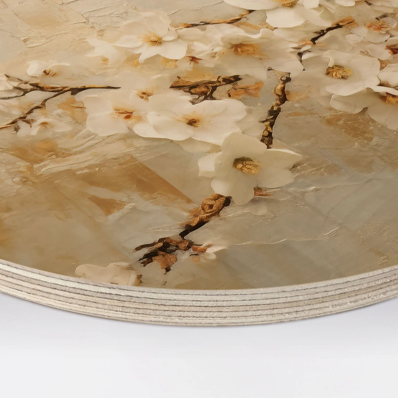 Holzbild Blütenzweig auf Vintage-Gold - Paksoylu - Rund 