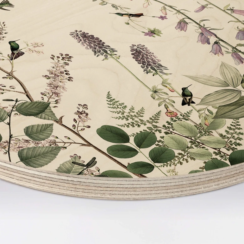 Cuadro de madera Sir Edward - Colibríes en el jardín - Redondo 