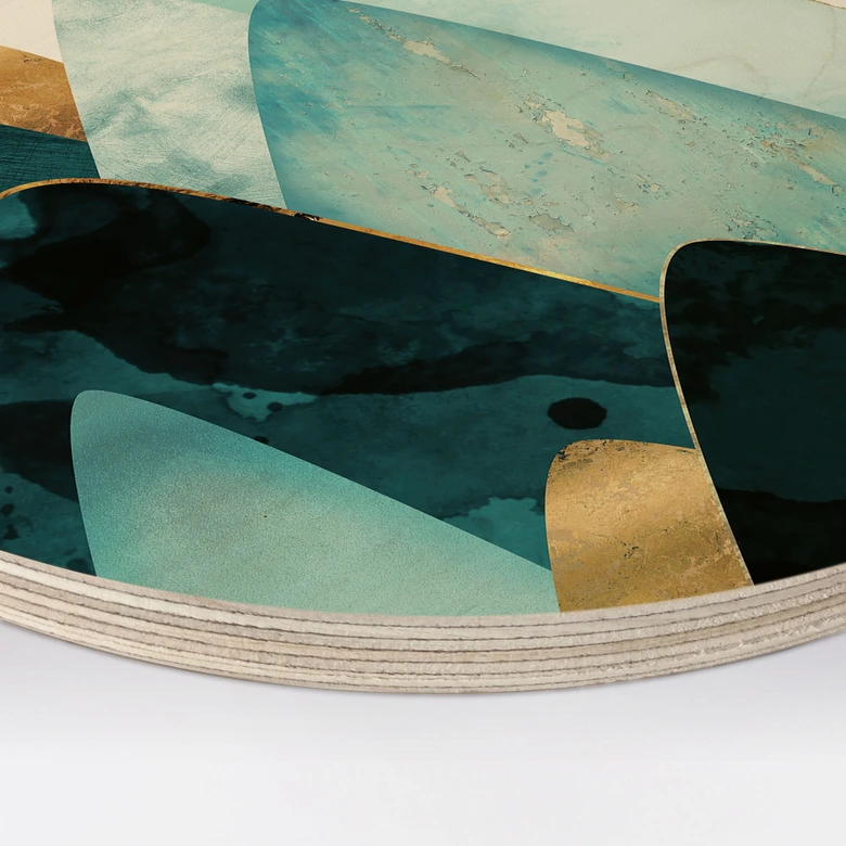 Holzbild Abstrakte Berge in Gold und Blau - SpaceFrog Designs - Rund 