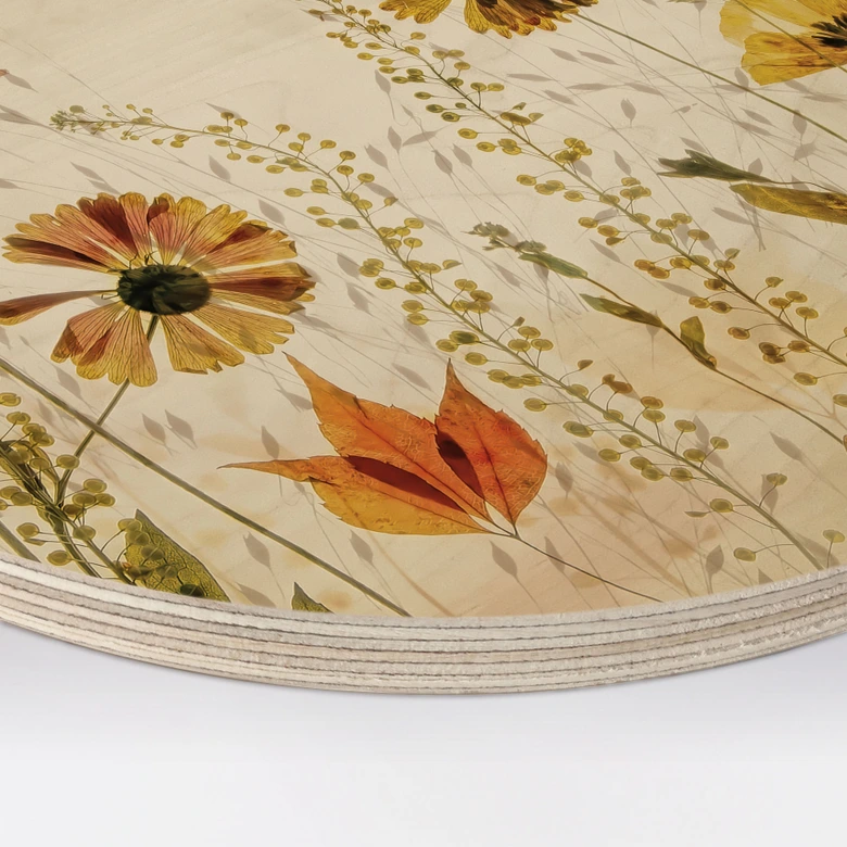 Obraz drewniany Kwiaty dzikiej łąki w promieniach słońca - Talen - Okrągły 