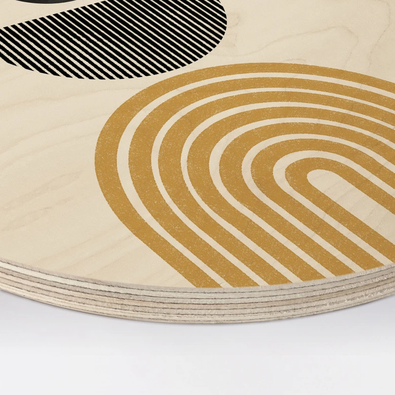 Tableau sur bois rond Composition abstraite avec cercle et demi-arc - The Miuus Studio 