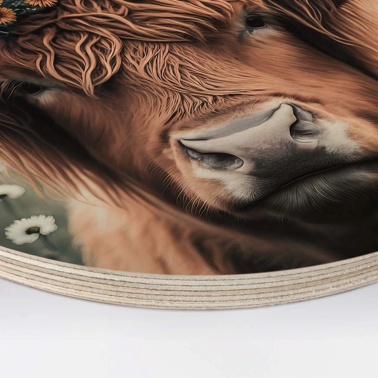 Tableau sur bois Treechild - Vache Highland avec couronne de fleurs - Rond 