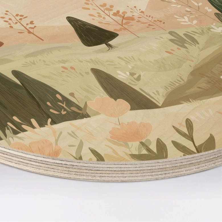 Holzbild Pastell Berglandschaft mit Blumen - Treechild - Rund 