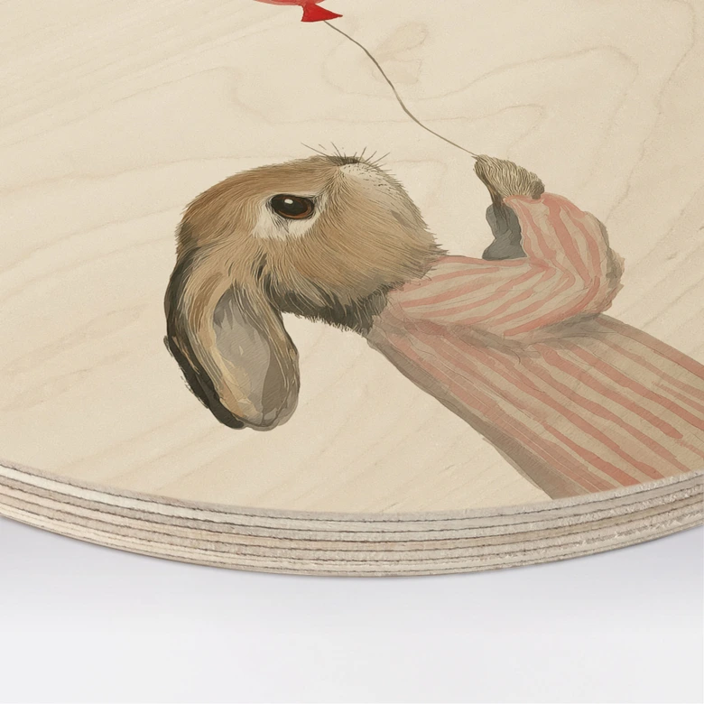 Holzbild Süßer Hase mit Luftballon - Treechild - Rund 