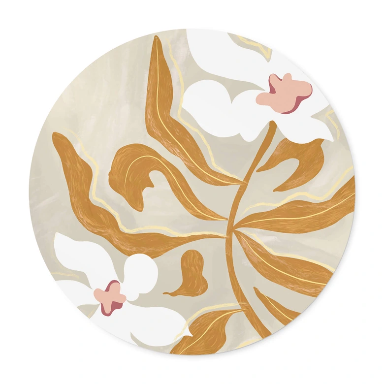 Blumen Poster Weiße Blüte und goldene Blätter Rund - Arty Guava 