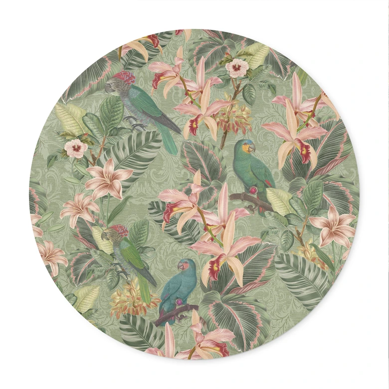 Plakat Dżungla z papugami zielony - Bloomery Decor - okrągły 