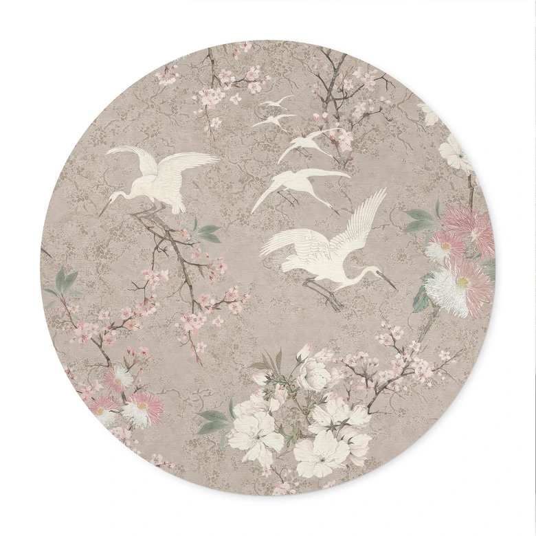 Poster Tranor i körsbärsblom Rush Beige - Blomstersmycke - Dekor - Rund 