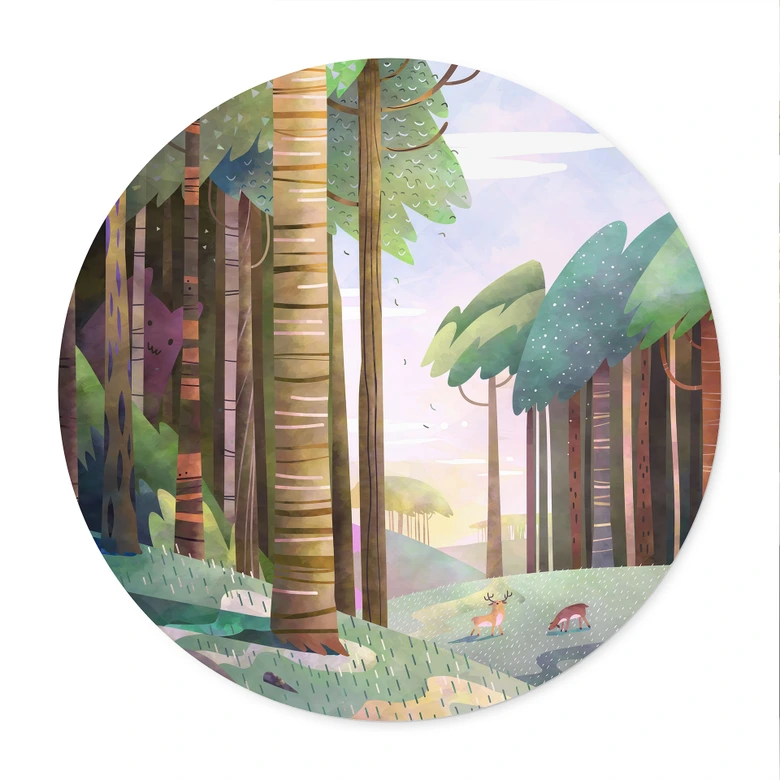 Poster Sonniger Wald mit Hirsch - DigitalArtsi - Rund 