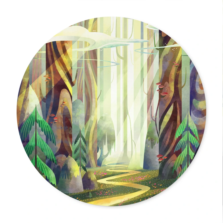 Poster Verwunschener Wald im Licht - DigitalArtsi - Rund 