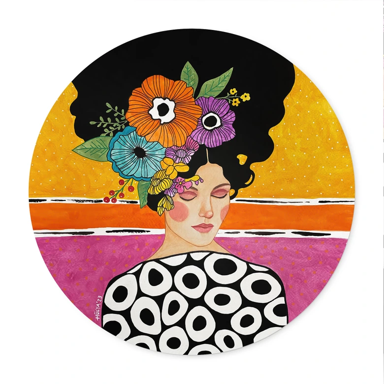 Poster Frau mit bunter Blumenkrone - Hülya - Rund 