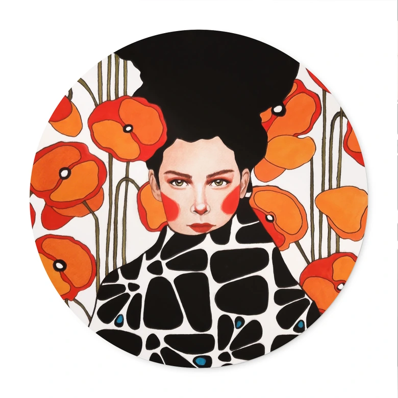 Plakat kvinde med retro valmueblomster - Hülya - Rund 