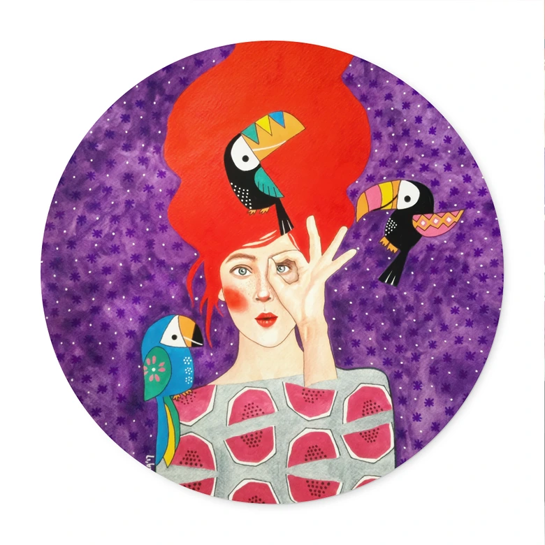 Poster Frau mit Tukan-Trio - Hülya - Rund 
