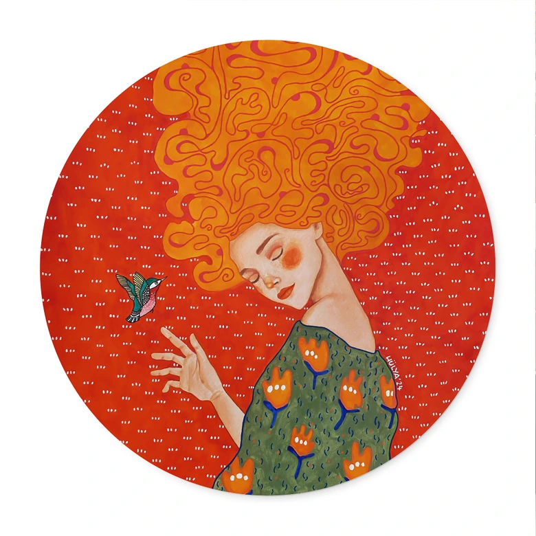 Póster colibrí y mujer en luz roja - Hülya - Redondo 