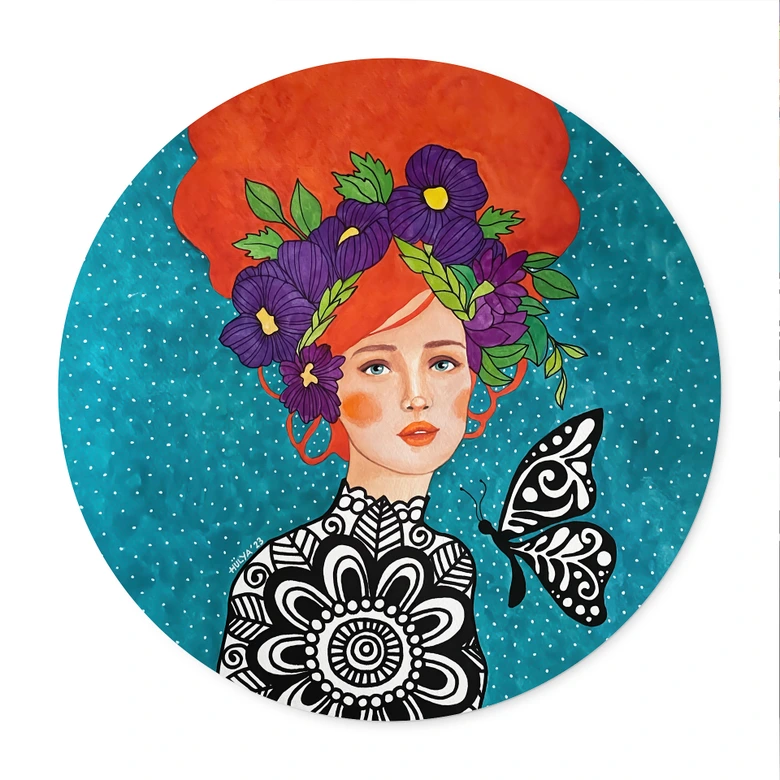 Poster Schmetterlingsfrau mit Blütenkranz - Hülya - Rund 