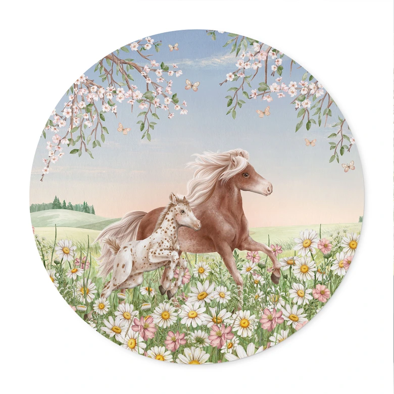 Póster Caballos en el prado de flores - Kikki Belle - Redondo 