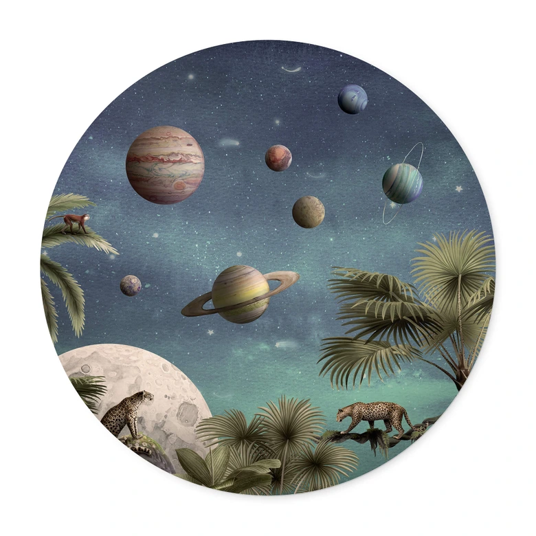 Barnposter Kikki Belle - Tropisk fantasivärld med planeter och palmer - Rund 