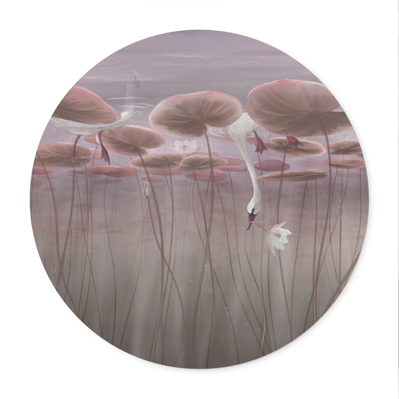 Poster lotusbloemen met zwaan in water in donkerroze - Ms Tiff - Rond 