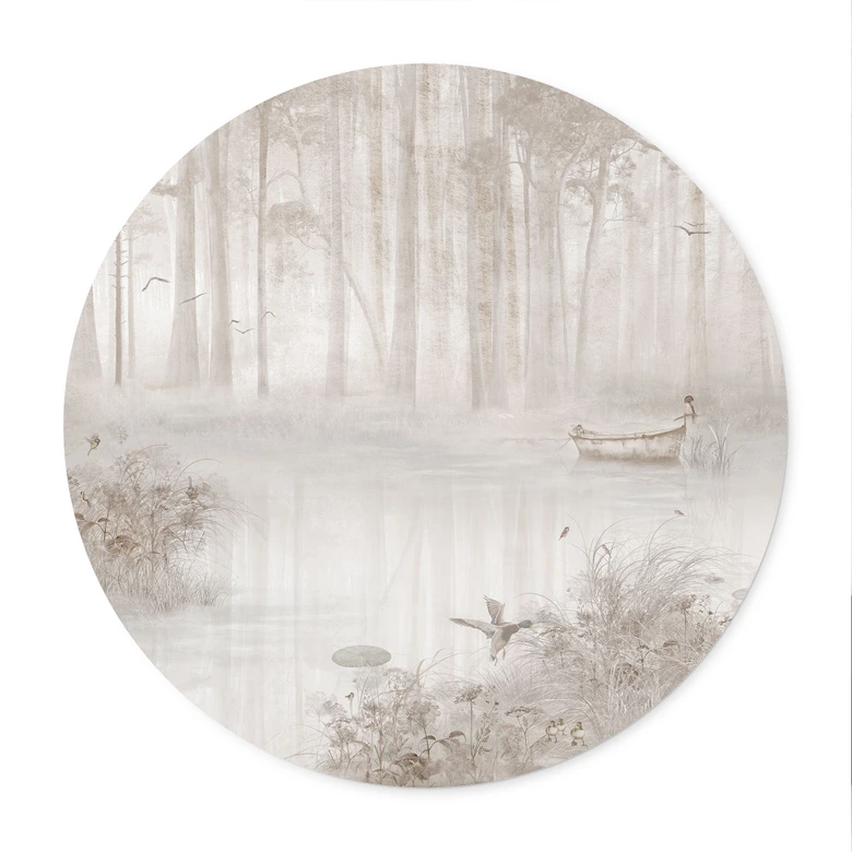 Poster Wald am See im Nebel in Beige - Ms Tiff - Rund 