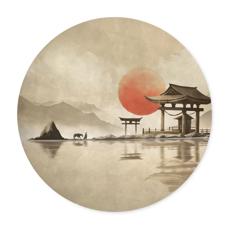 Poster Japanse tempel bij zonsopgang - Roze - Rond 