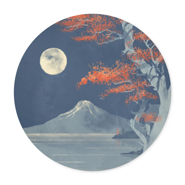 Poster Vintage - Vollmond über dem Gipfel des Fuji-san - Roze - Rund 