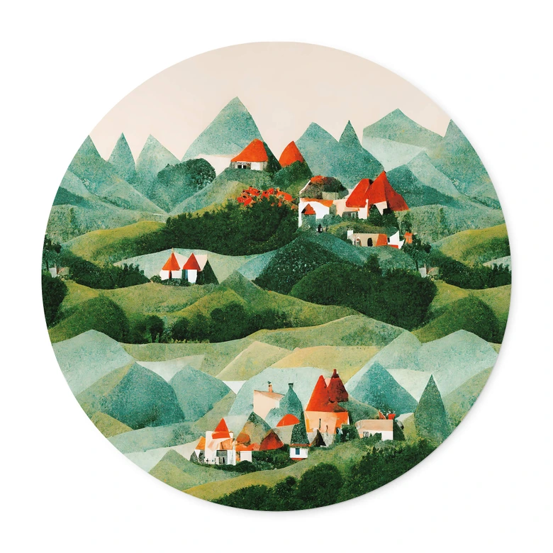 Poster Treechild - Kleines Dorf inmitten grüner Hügel - Rund 