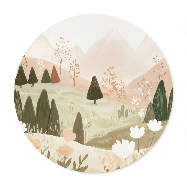 Plakat pastelfarvet bjerglandskab med blomster - Treechild - Round 