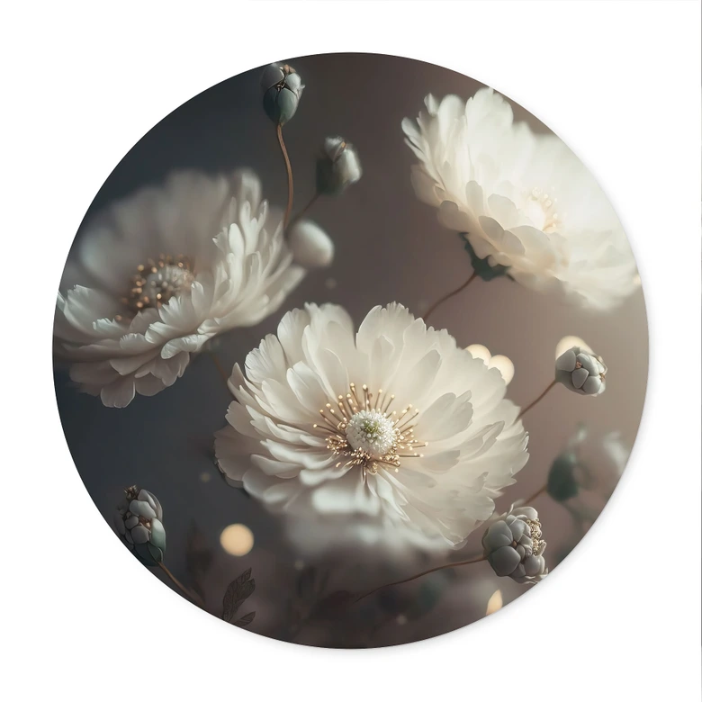 Poster Weiße Blumen mit Goldstaub - Treechild - Rund 