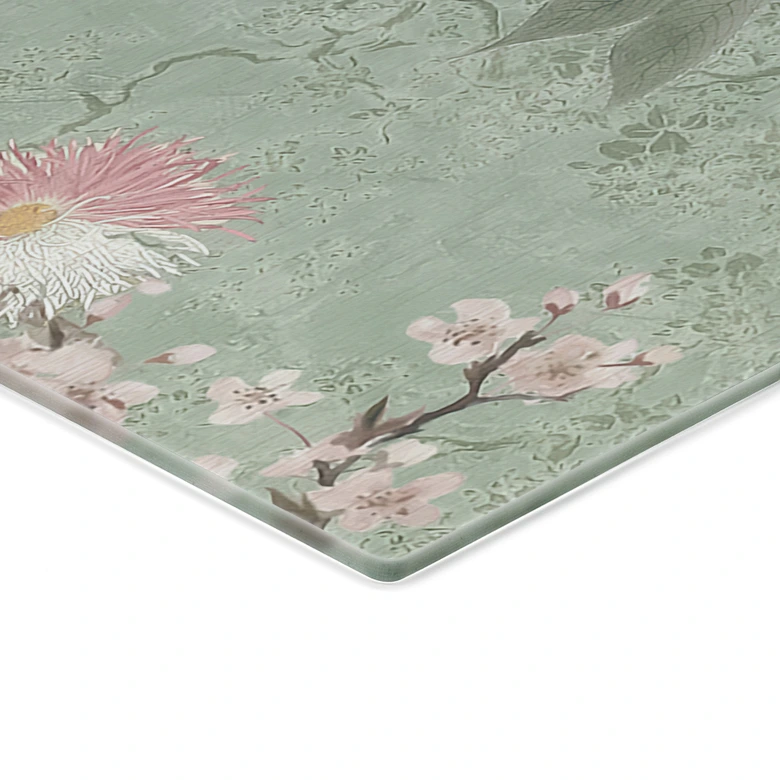 Spritzschutz Kraniche im Kirschblüten-Rausch Grün - Bloomery Decor - Panorama 