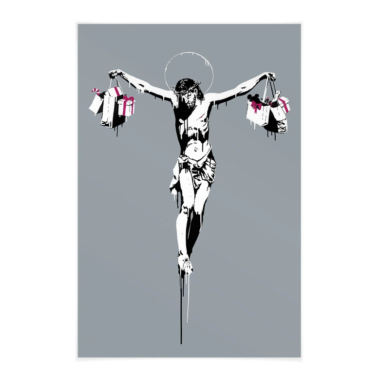 Stoffbild Banksy - Jesus Christus mit Einkaufstüten 