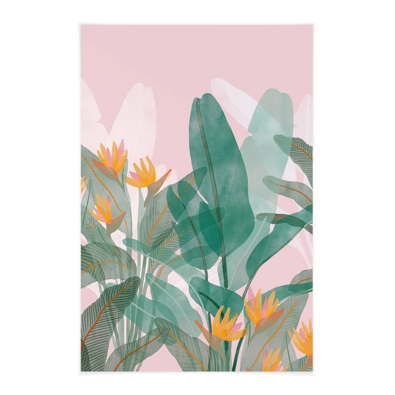 Stoffbild Botanische Illustration in Grün und Rosa - Goed Blauw 