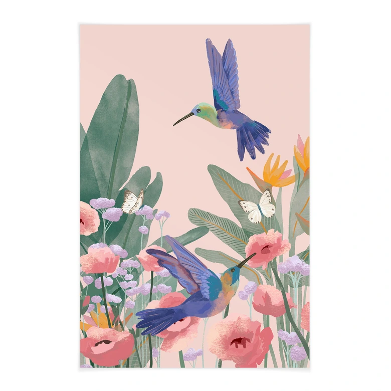 Affiche textile Deux colibris dans un champ de fleurs multicolores - Goed Blauw 