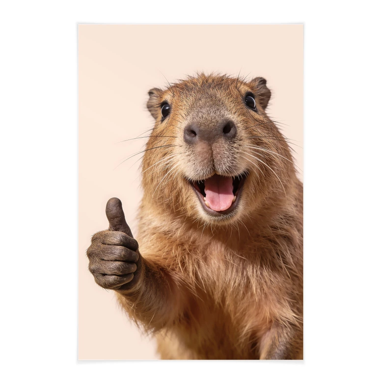 Póster de tela Happy Capybara con pulgares hacia arriba 
