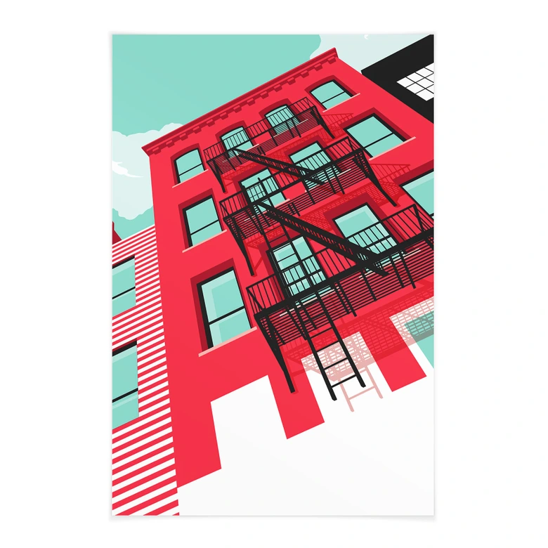 Affiche textile Façade rouge avec escalier de secours à New York - Heemskerk 