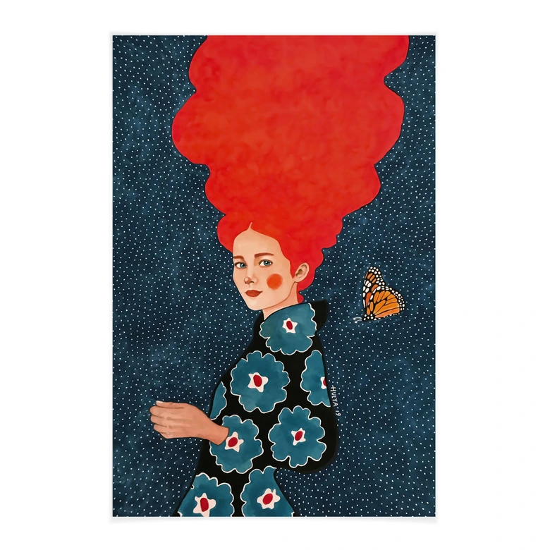 Stoffbild Frau im Blumenkleid mit Schmetterling - Hülya 
