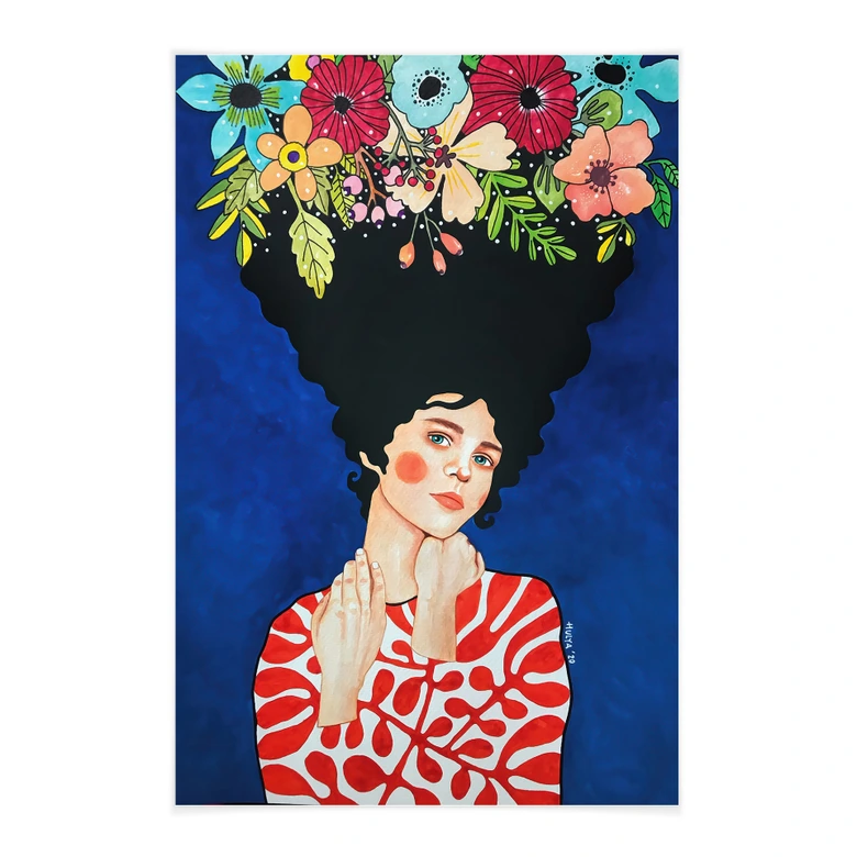 Affiche textile Femme avec des fleurs dans les cheveux - Hülya 