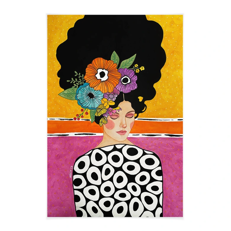 Affiche textile Femme à la couronne de fleurs multicolores - Hülya 