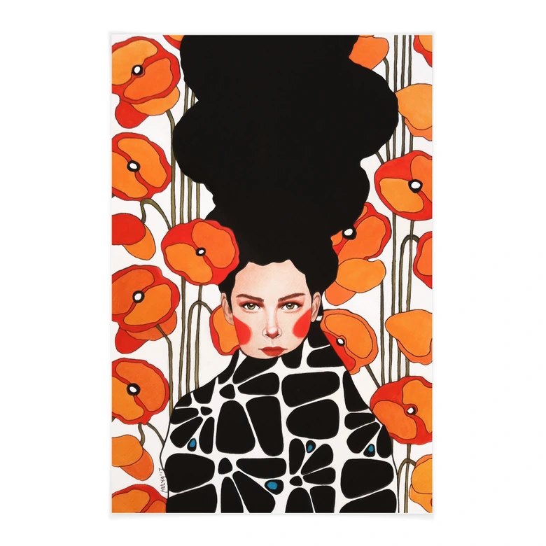 Stoffbild Frau mit Retro-Mohnblumen - Hülya 