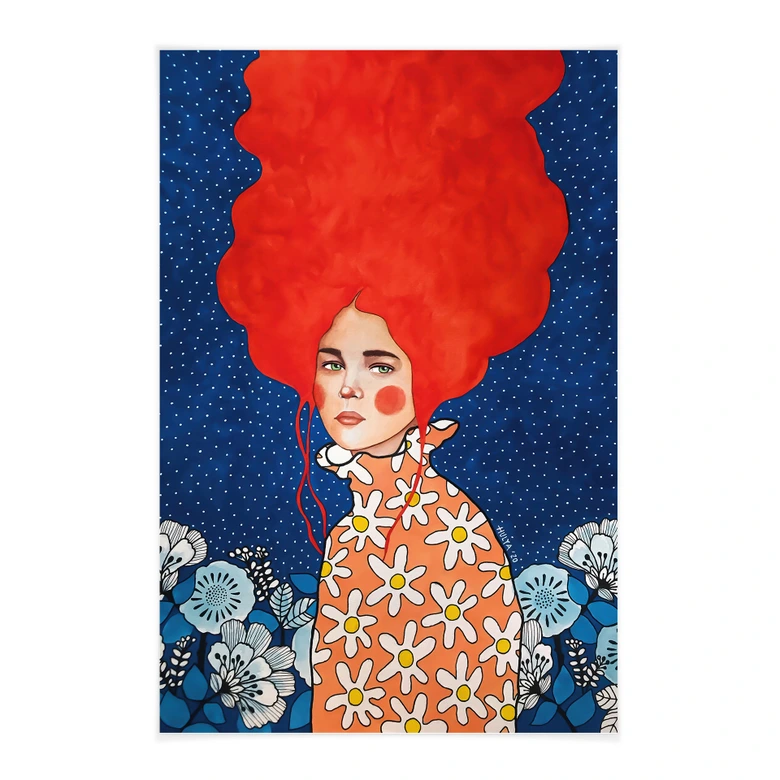 Textielposter vrouw met rood haar en bloemen - Hülya 