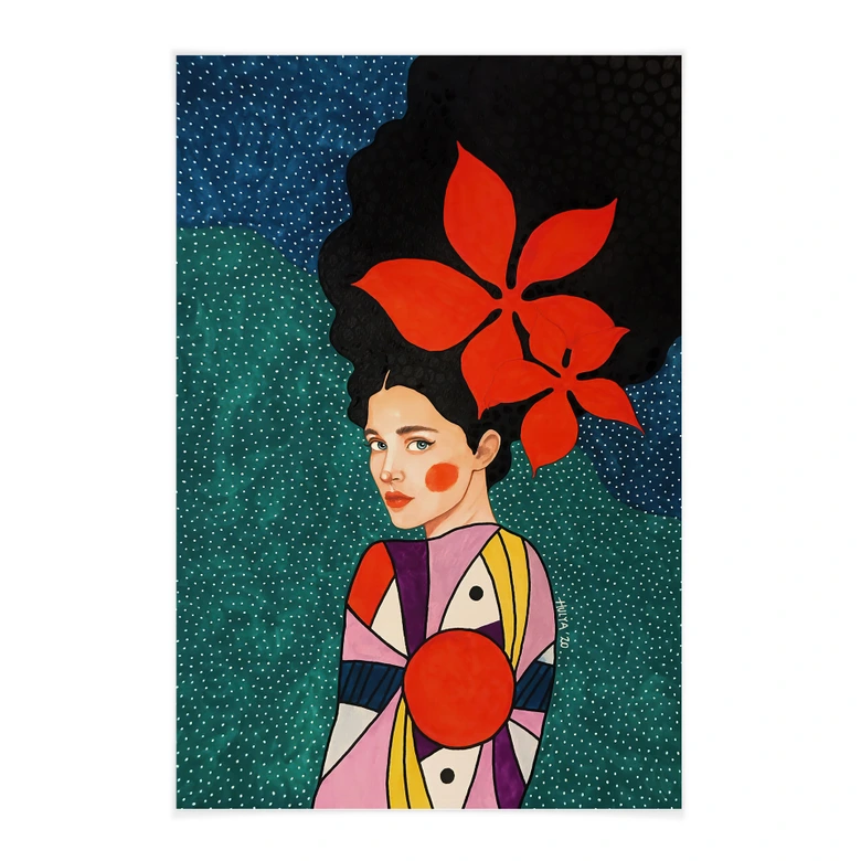 Textile poster woman with red flowers and patterned dress - Hülya 