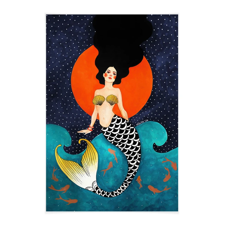 Textil poster sjöjungfru i rött månsken - Hülya 