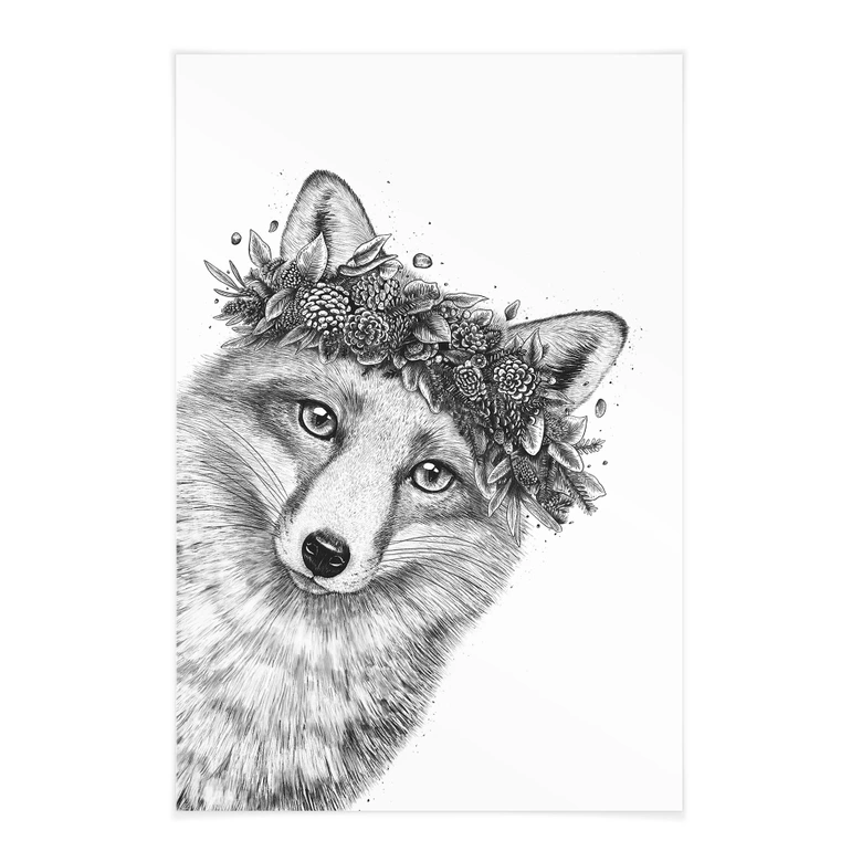 Tableau en tissu Renard noir et blanc avec couronne de fleurs - Korenkova 