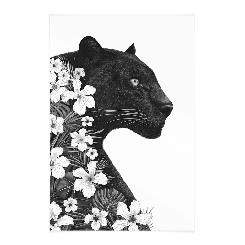 Póster de tela Pantera negra con flores blancas - Korenkova 