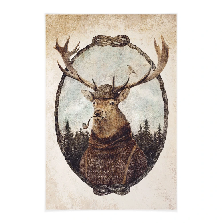 Stoffbild Vintage Hirsch mit Pfeife - Koubou 