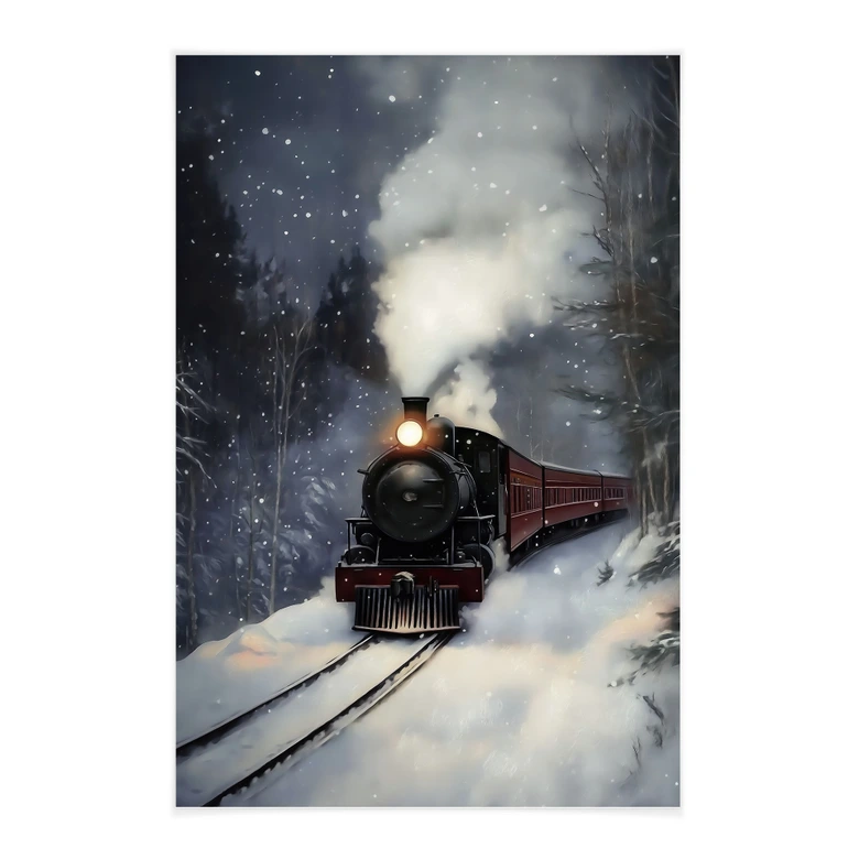 Stoffbild Dampflok im verschneiten Wald - Melloi Art Prints 