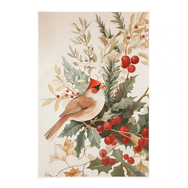 Stoffbild Winter - Kardinalsvogel mit Beerenzweig - Melloi Art Prints 