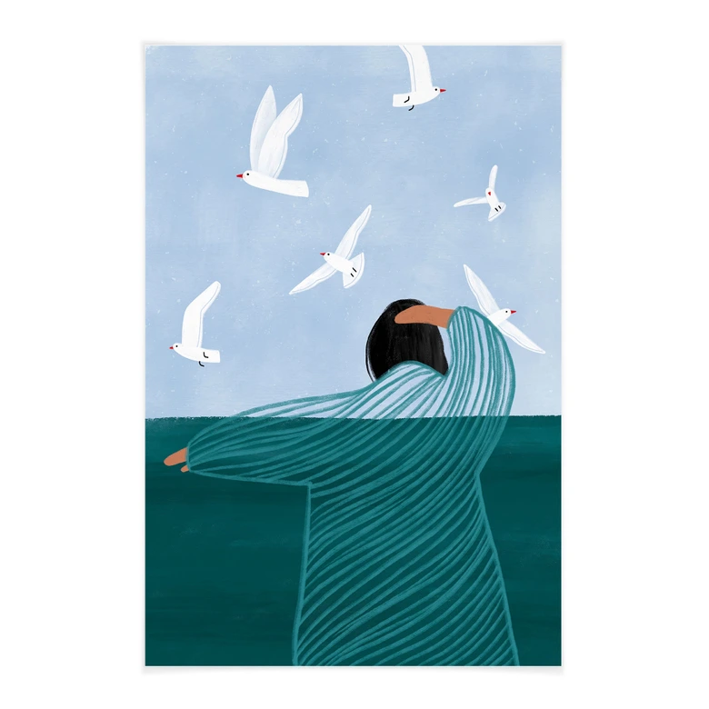 Affiche textile Femme avec mouettes à la mer - Müller 