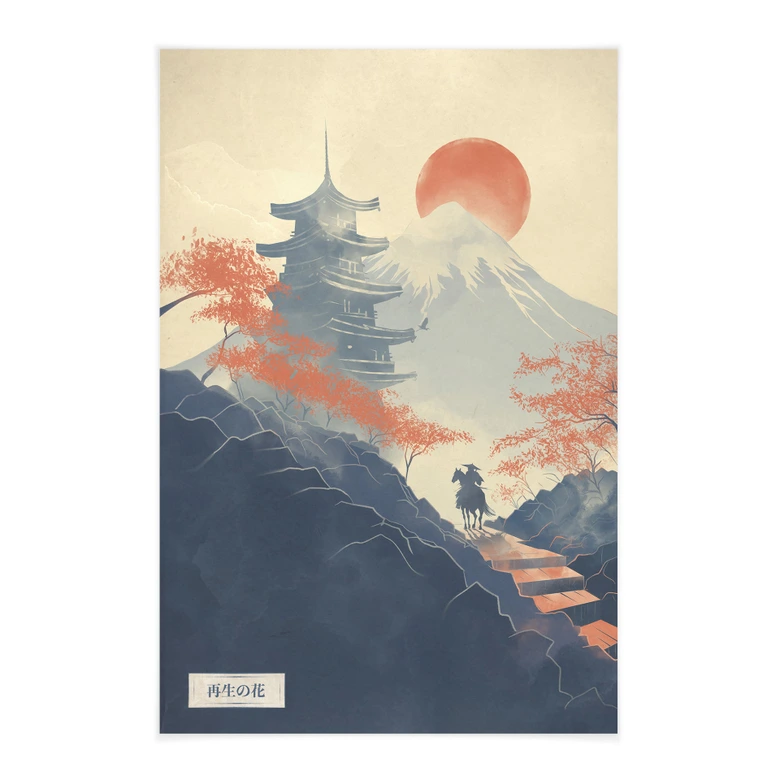 Stoffbild Sonnenaufgang über der Pagode | Japan Landschaft Illustration - Roze 