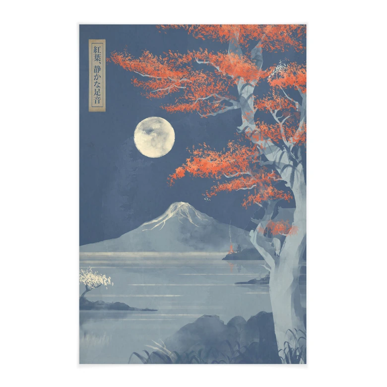 Stoffbild Vollmond über dem Gipfel des Fuji-san | Japan Landschaft - Roze 