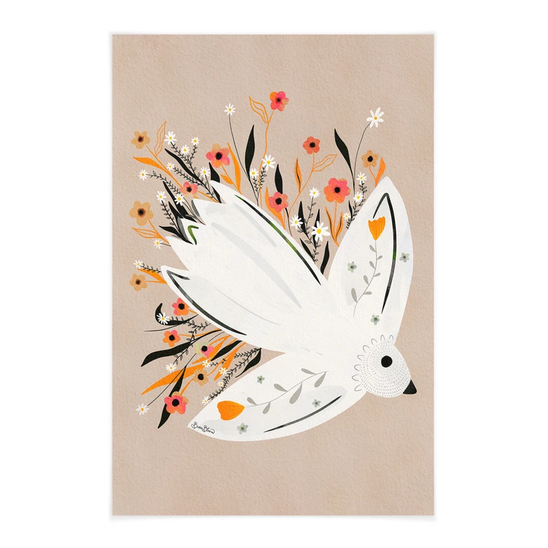 Affiche textile Colombe de la paix avec petites fleurs - Bloom 