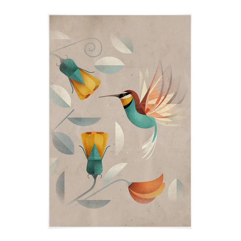 Affiche textile avec motif d'oiseaux - Colibri - Marron 